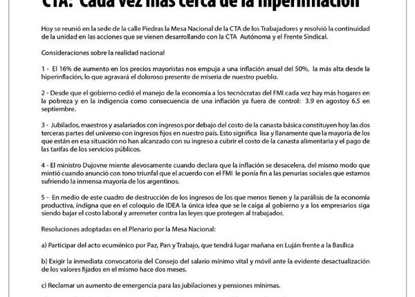 Gacetilla de PRensa CTA