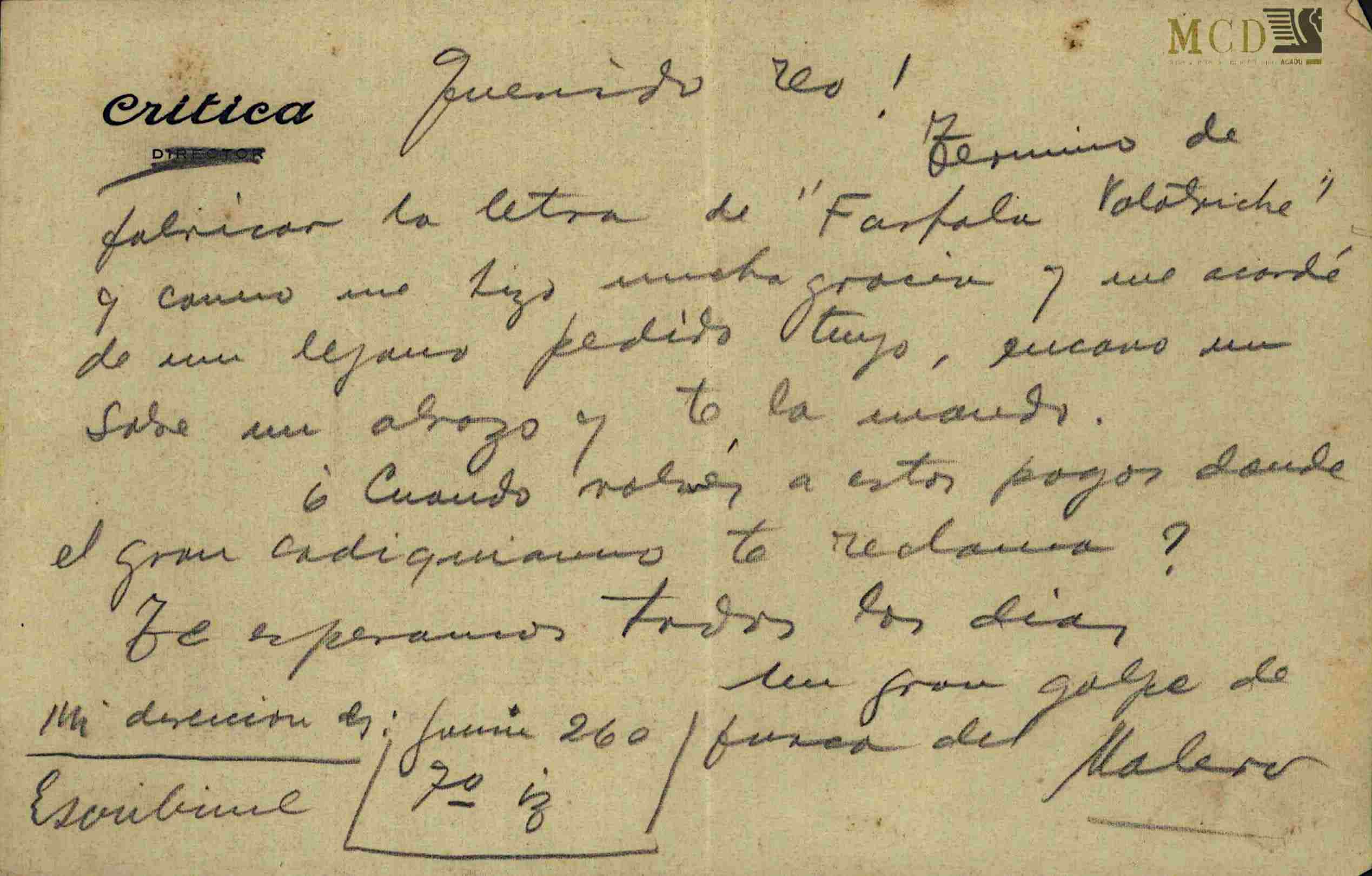 Manuscrito de Carlos de La Púa enviado a Gerardo Matos Rodríguez al terminar la letra del tango ...